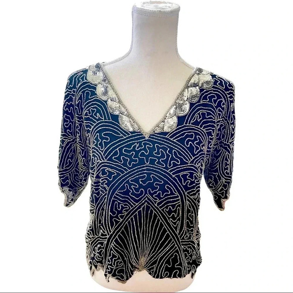 * Vintage black and silver beaded Art Deco blouse - Picture 2 of 11